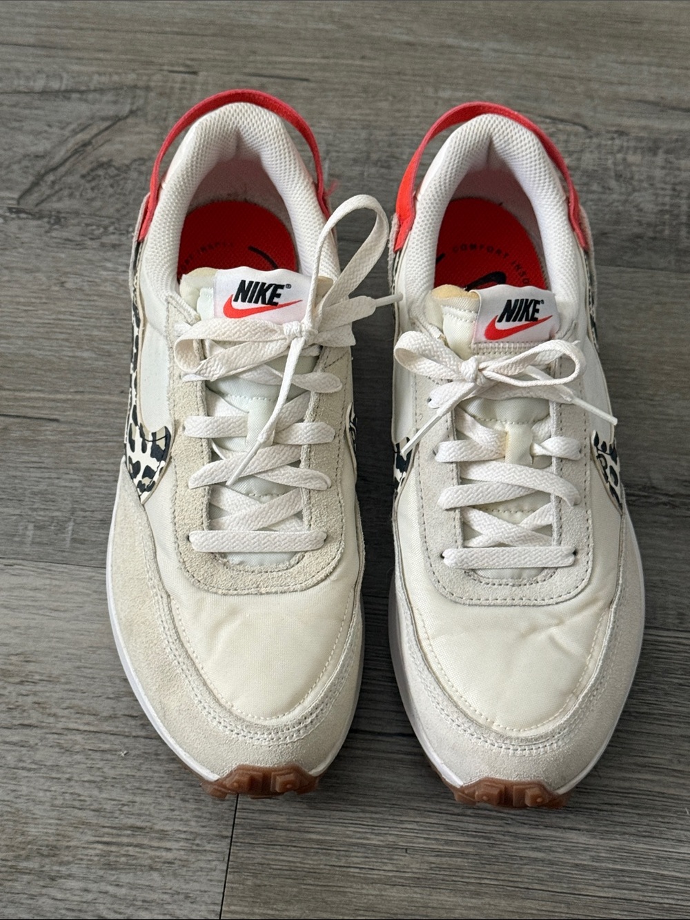 Nike Women's Cream and Red Low-Top Athletic Sneakers with Leopard Swoosh